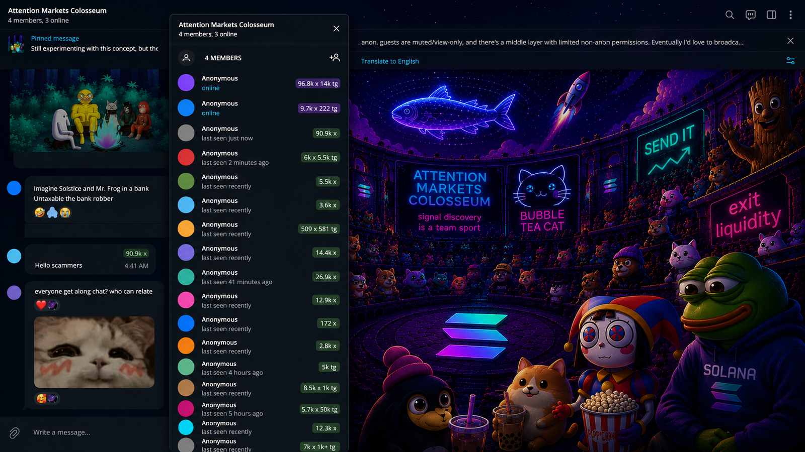 attention markets colosseum chat showing real messages: 'Imagine Solstice and Mr. Frog in a bank — Untaxable the bank robber', a 'Hello scammers' message, and 'everyone get along chat? who can relate' with a crying-cat meme
